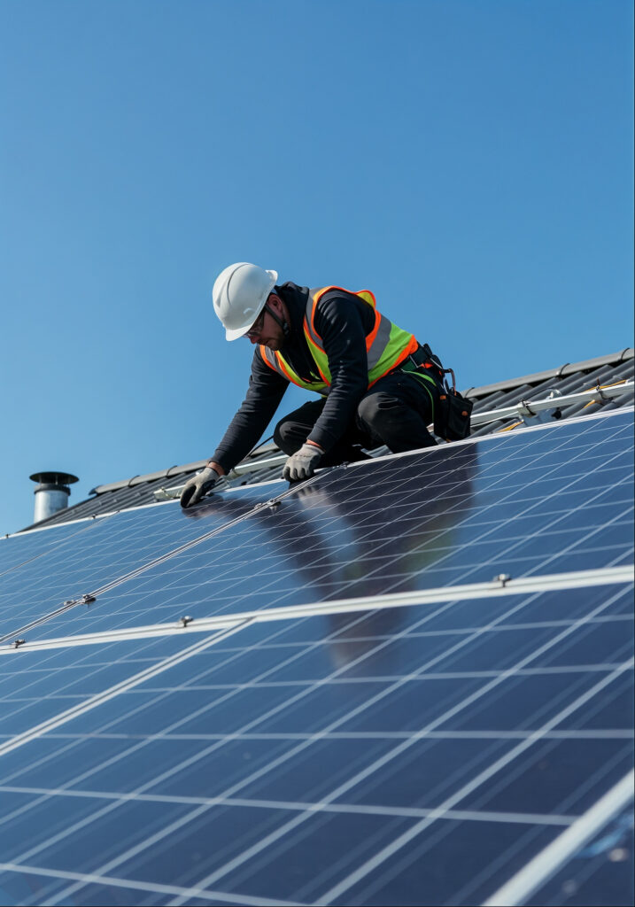 Home solar installation in progress with a BrightHome technician adjusting rooftop solar panels under clear skies.