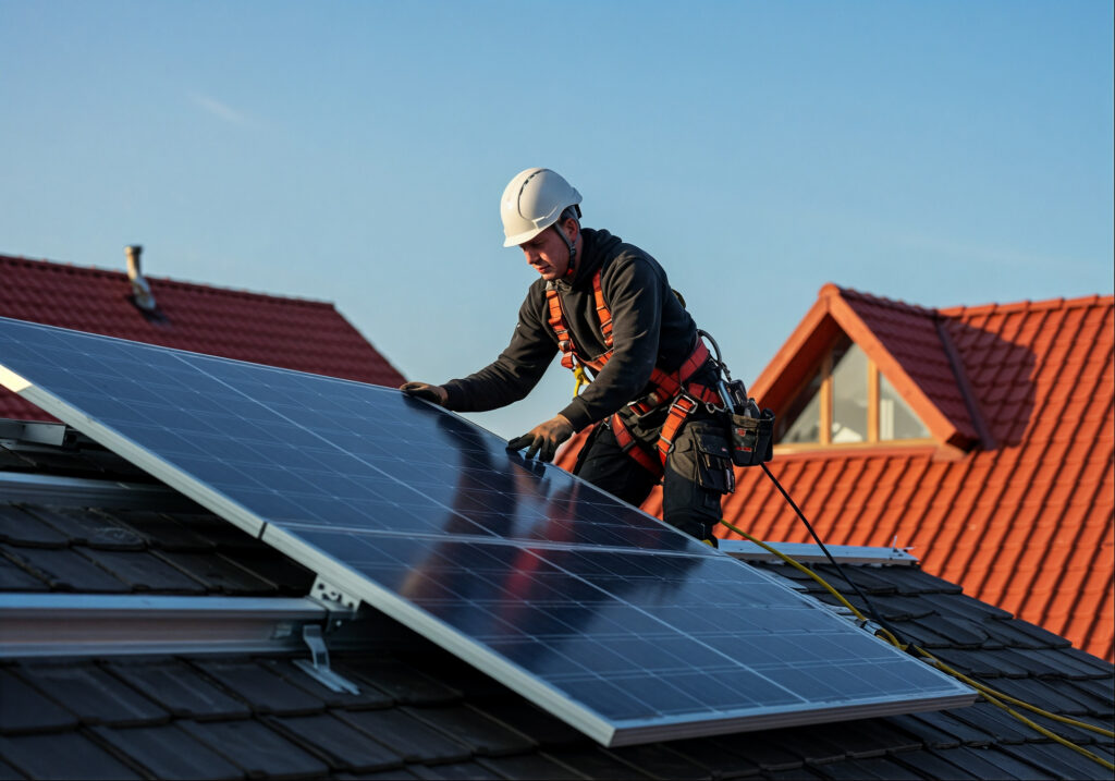 BrightHome Solar technician installing solar panels on a residential roof, ensuring safe and precise setup.