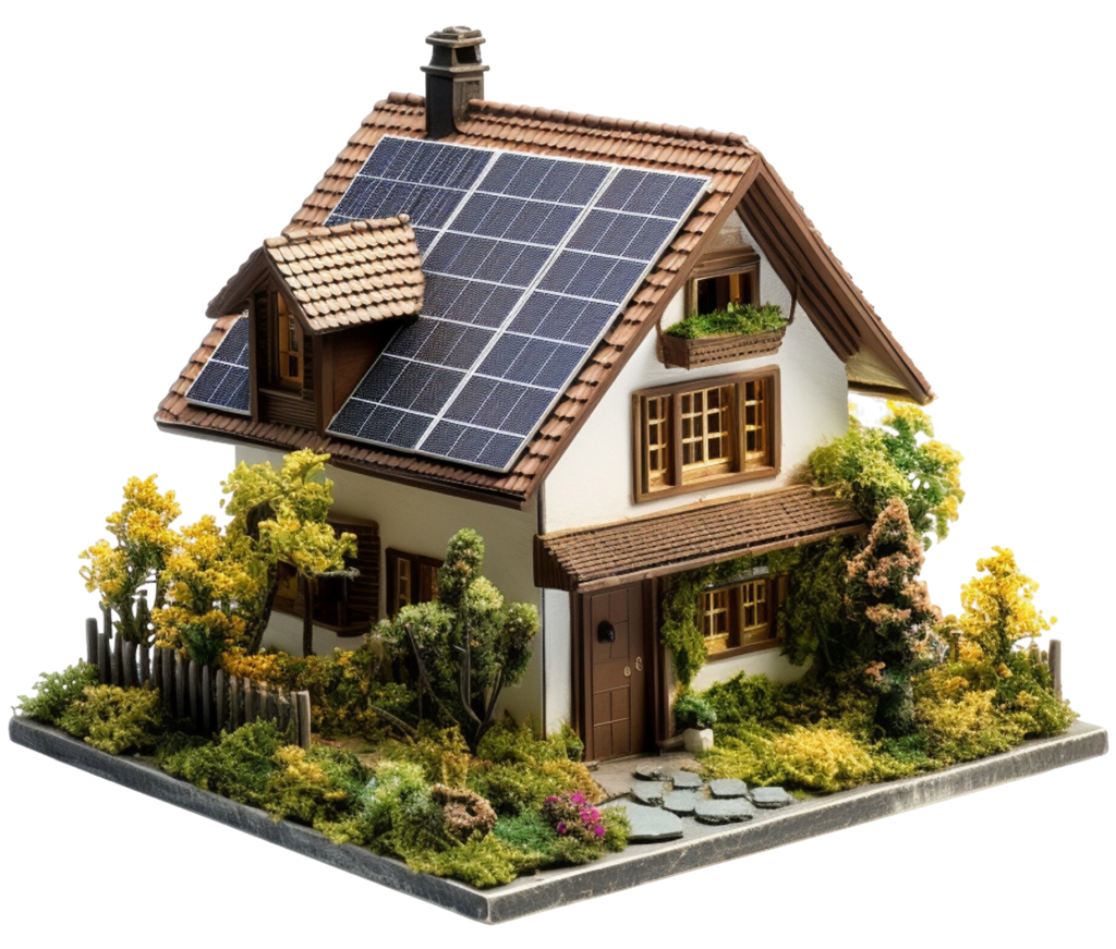Wide-angle shot of a home with a complete solar panel system on the roof, emphasizing clean energy integration.